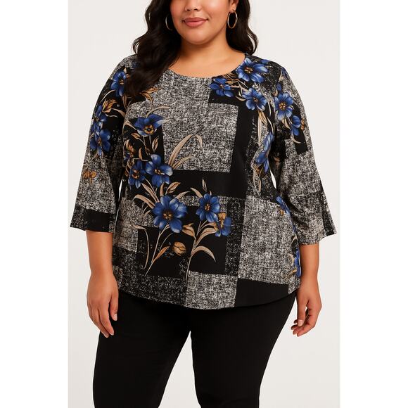 Chic Floral Patchwork Blouse Black Blue JM Collection Woman 0X - Picture 1 of 6